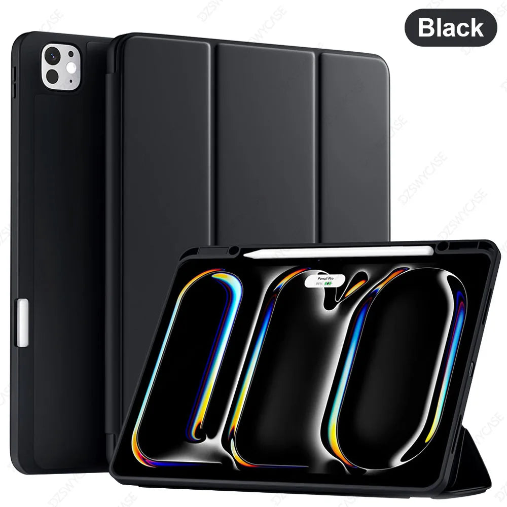 Black silicone protective case and stand for an iPad Pro tablet.