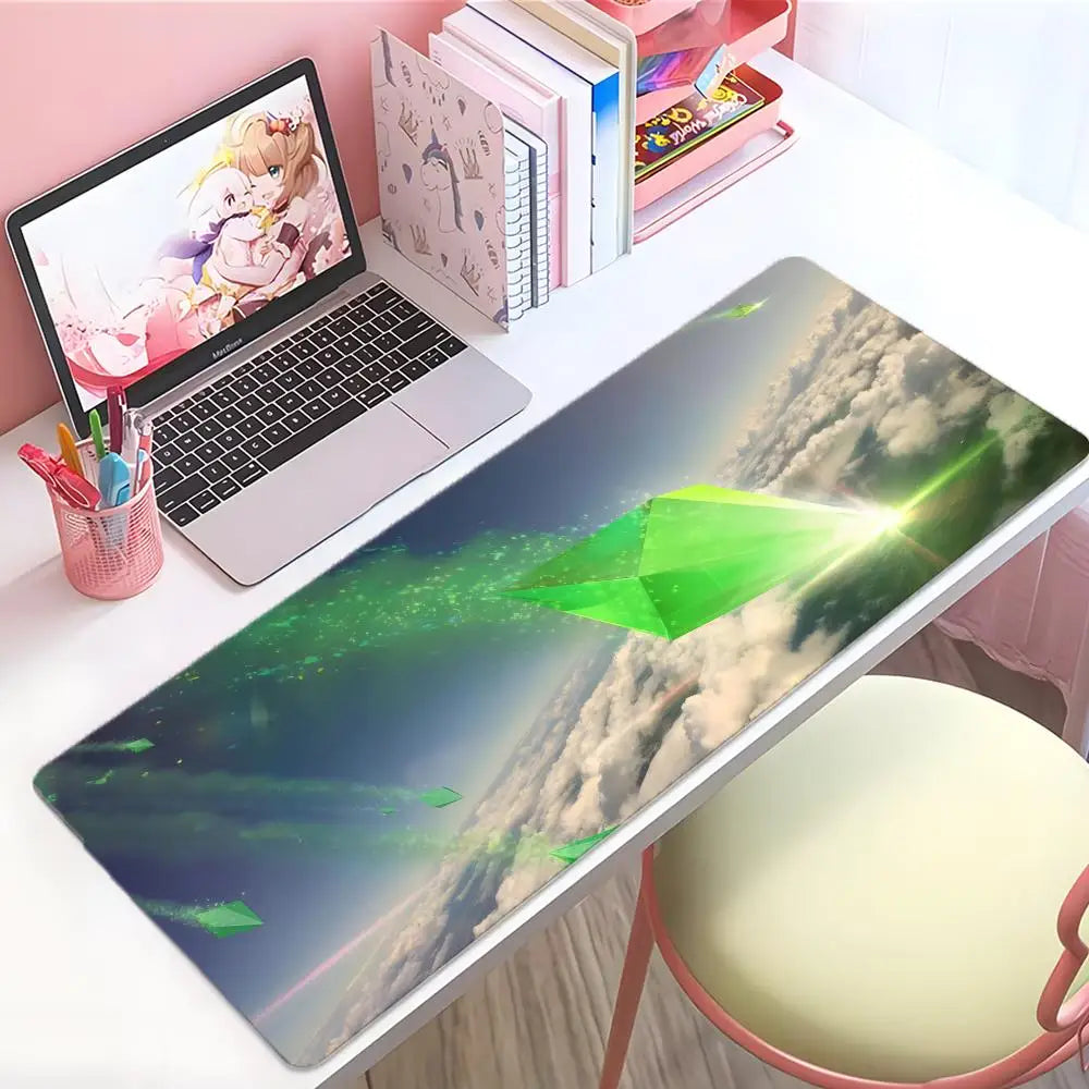 A large gaming mouse pad featuring a vibrant green diamond shape against a cloudy sky background.