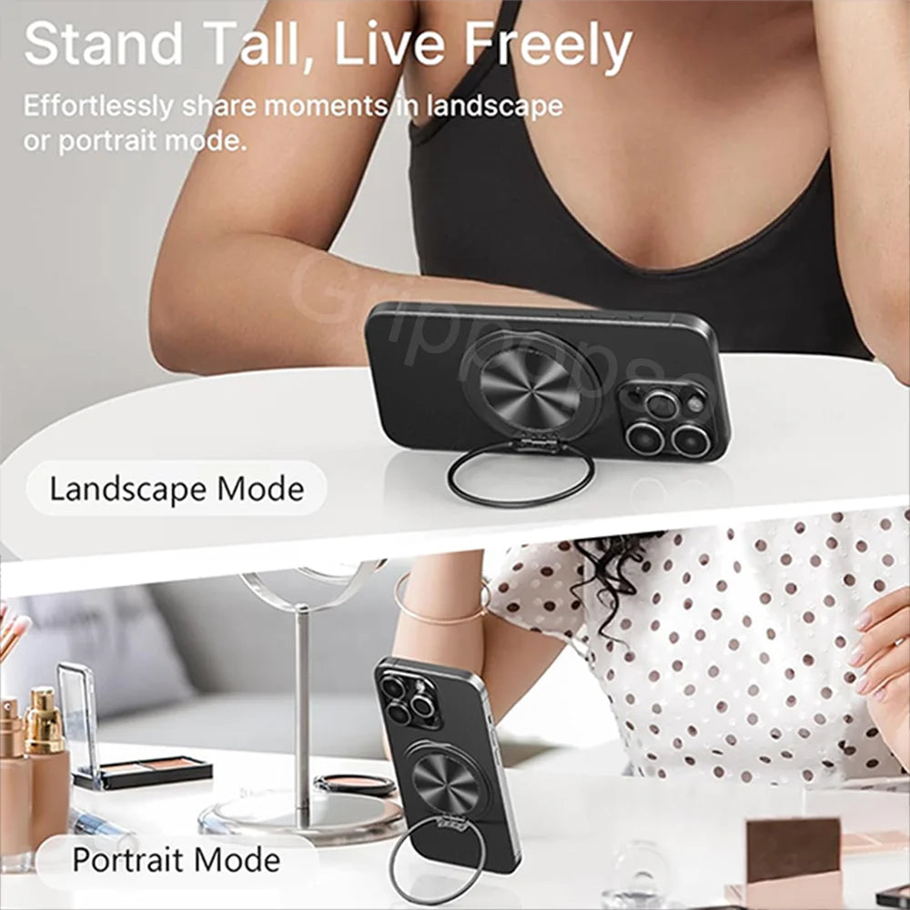 A black magnetic phone ring holder and stand is shown in use for landscape and portrait modes.