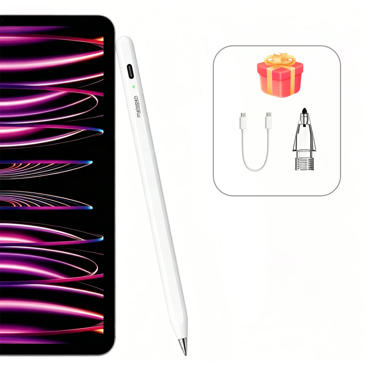 A white Metapen Air8 Pro stylus pen and charging cable shown next to a tablet screen displaying colorful lines.