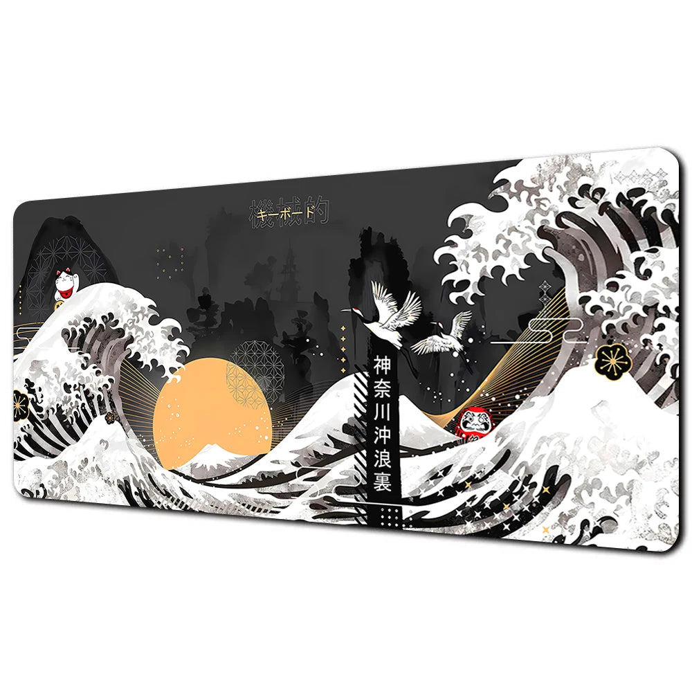 A black and white illustration featuring a large wave crashing over snowy mountains with a full moon and birds flying.