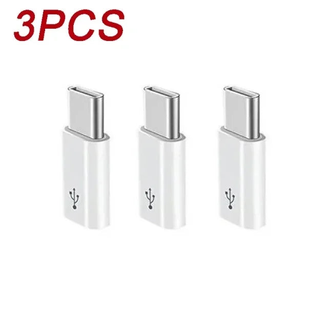 Three white USB Type-C to Micro USB adapter converters shown side by side.
