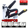 A black and silver heavy duty manual multi-use staple gun with a yellow grip and assorted staples shown next to various stapl