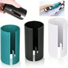 A set of black and teal plastic wrapping paper cutters shown in various angles.