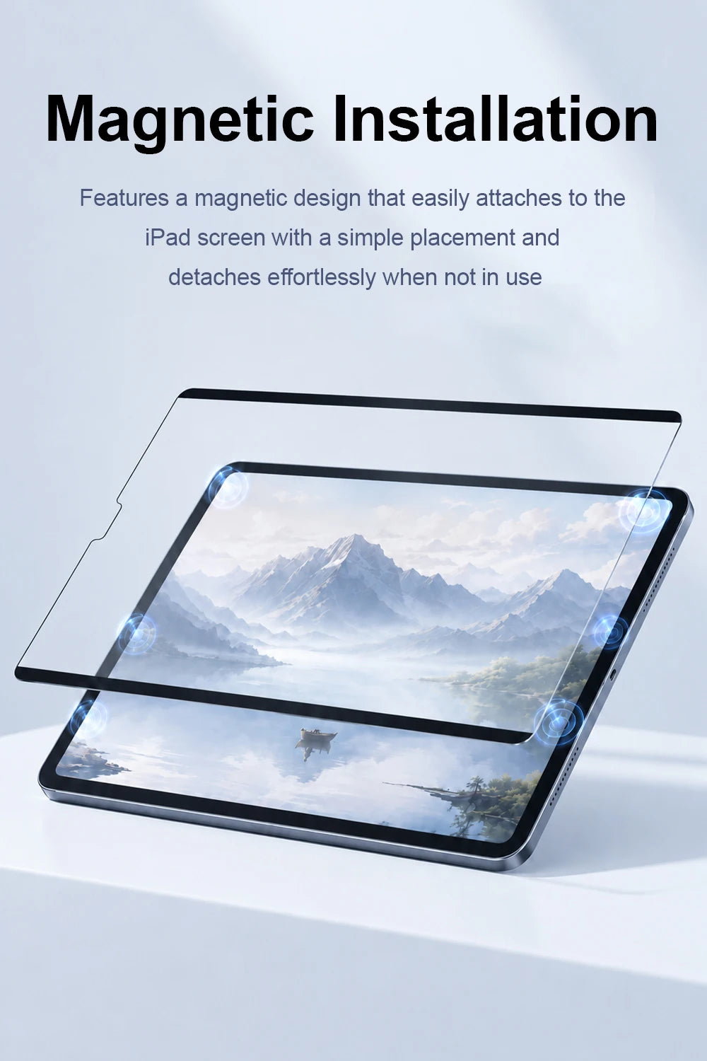 Una película magnética transparente se adhiere a la pantalla de un iPad, demostrando una función de instalación magnética.