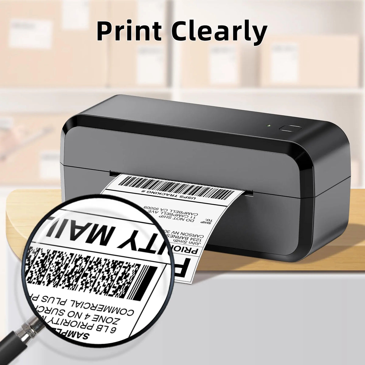 A black thermal shipping label printer is shown printing a mailing label on a wooden surface.