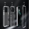 Three clear shockproof cases for iPhone models, including TPU and PC materials.