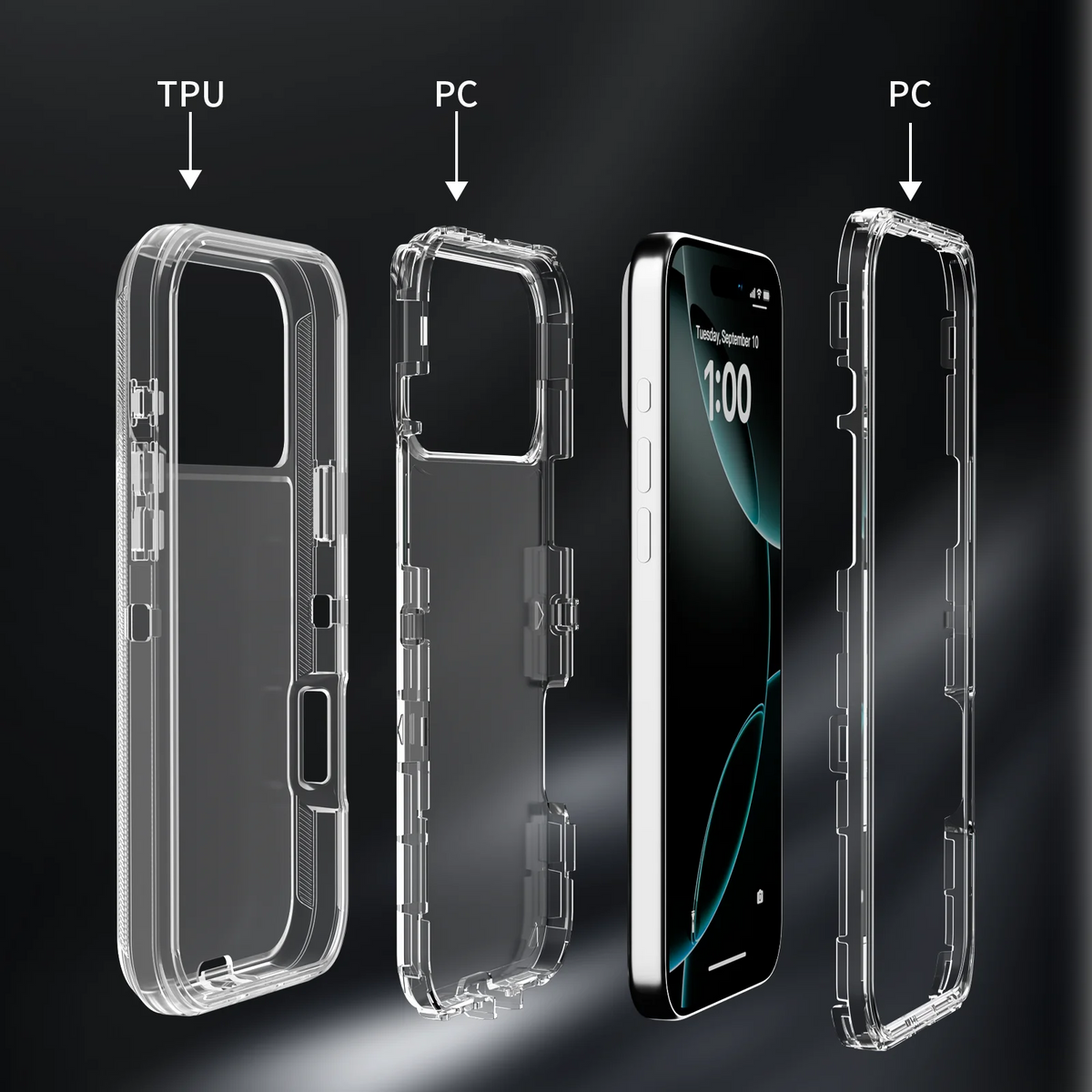 Three clear shockproof cases for iPhone models, including TPU and PC materials.