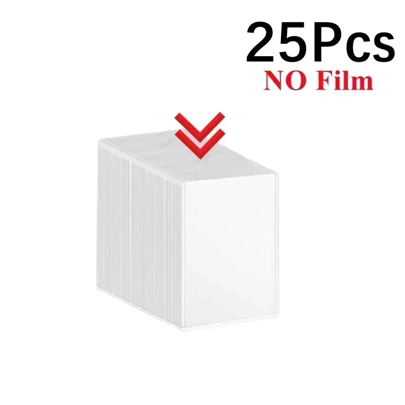 A box containing 25 clear protective card sleeves with no film.
