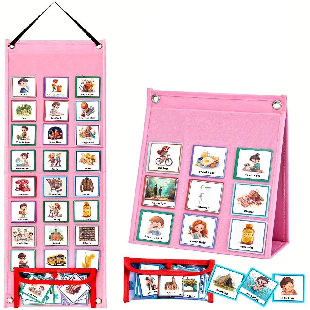 Pink storage box filled with visual schedule cards for daily routines and activities.