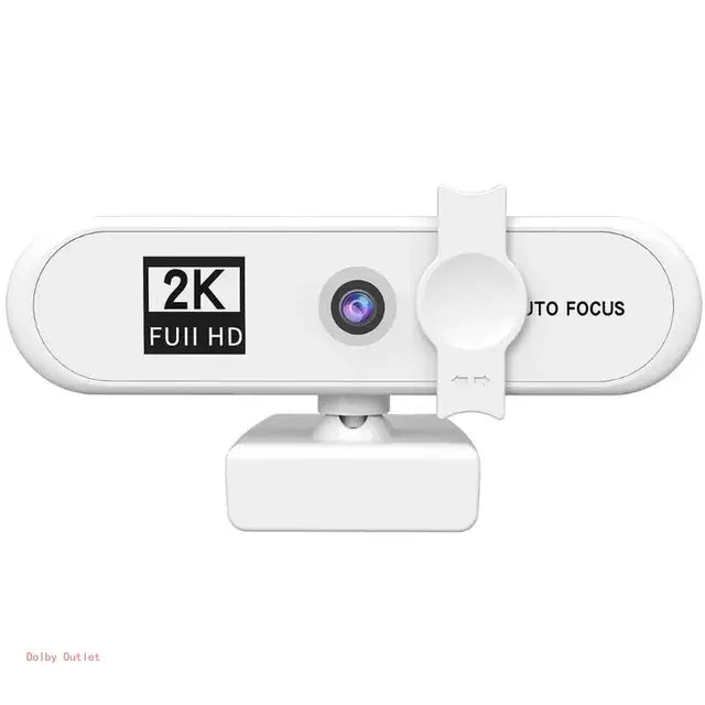 Webcam autofocus 2K FullHD blanche avec objectif et support de montage.