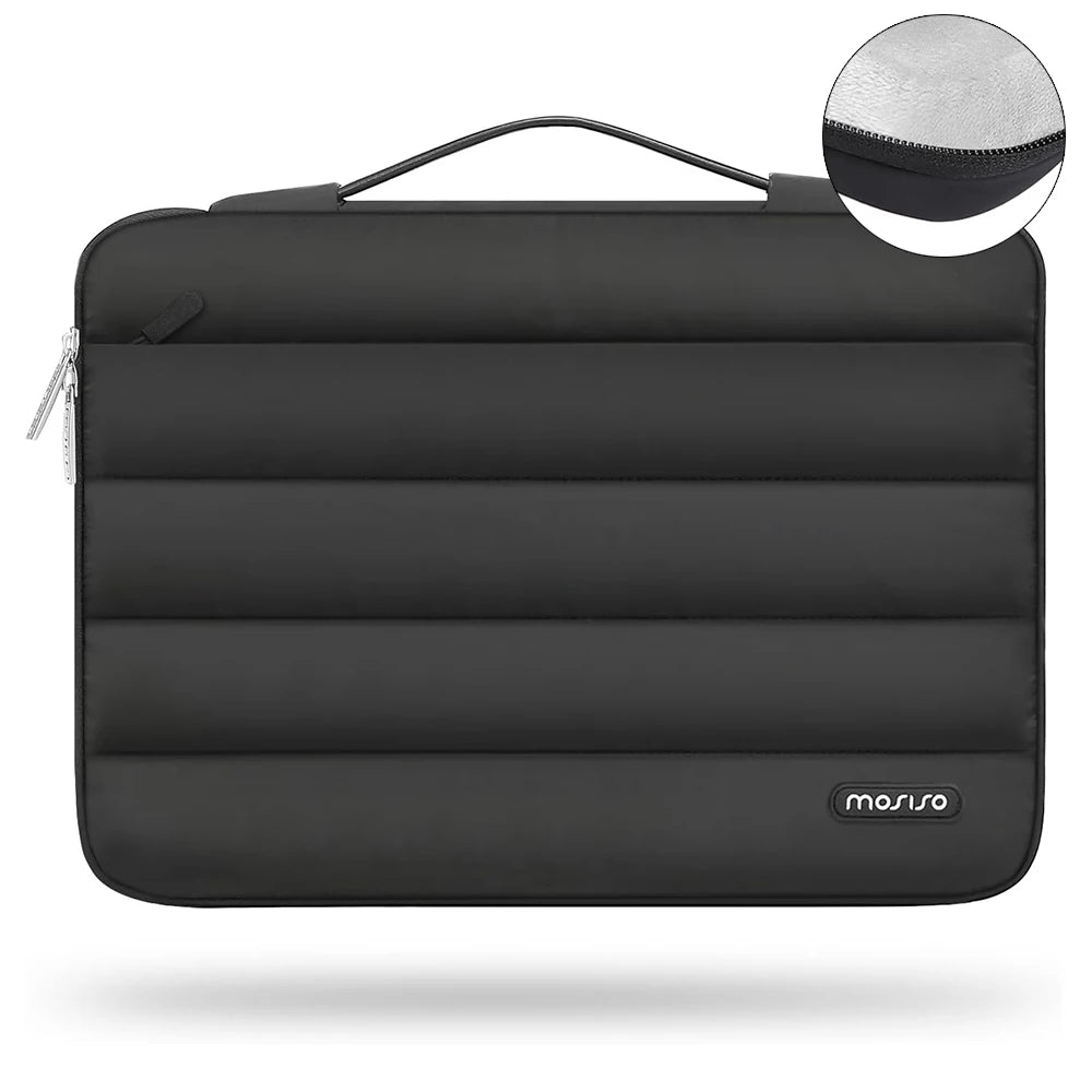 A black protective laptop sleeve bag featuring reinforced padding and a zippered closure.