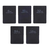 A set of five black Universal PS2 memory cards with capacities of 8MB, 16MB, 32MB, 64MB, and 128MB.