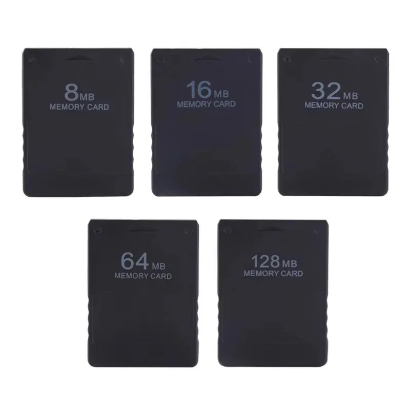 A set of five black Universal PS2 memory cards with capacities of 8MB, 16MB, 32MB, 64MB, and 128MB.