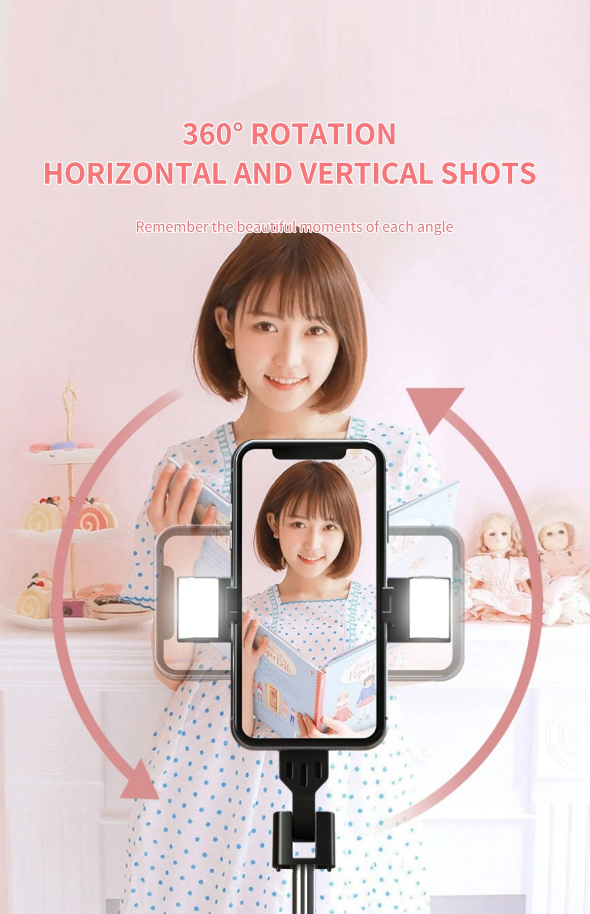 A woman demonstrates a 360 degree rotation feature of a Bluetooth selfie stick tripod for horizontal and vertical phone shots