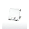 A silver foldable desktop phone holder with a rectangular design and a circular opening.
