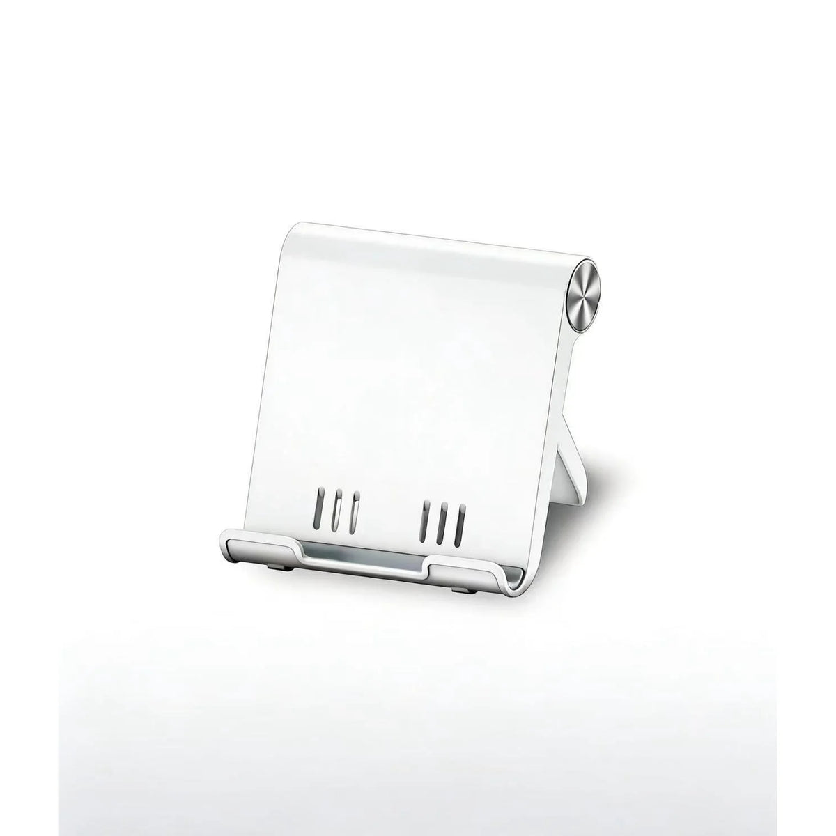 A silver foldable desktop phone holder with a rectangular design and a circular opening.