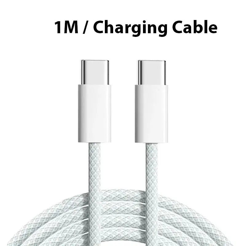A white 1M charging cable with USB-C connectors shown coiled.