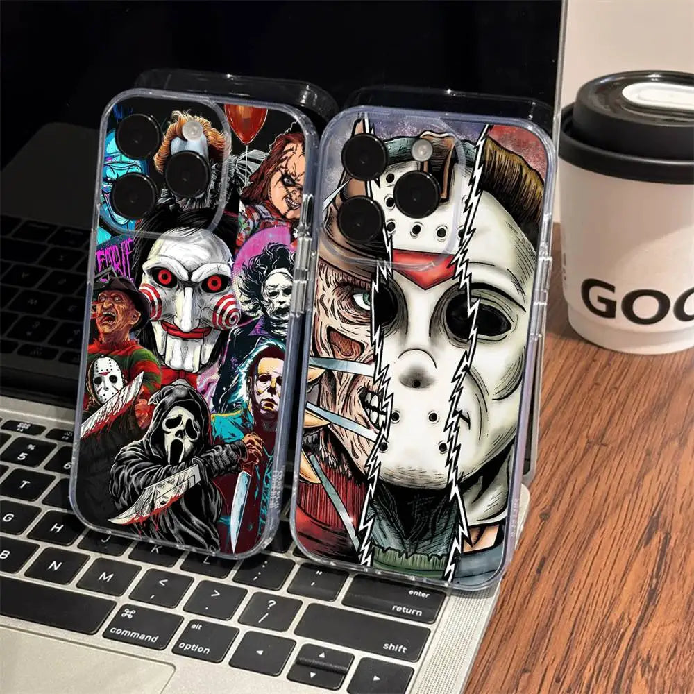 A clear iPhone case featuring a graphic of Michael Myers horror character with a white mask and blood splatter.