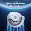 A white sports headphone open-ear style device is shown against a dark blue, starry background with blue light beams.