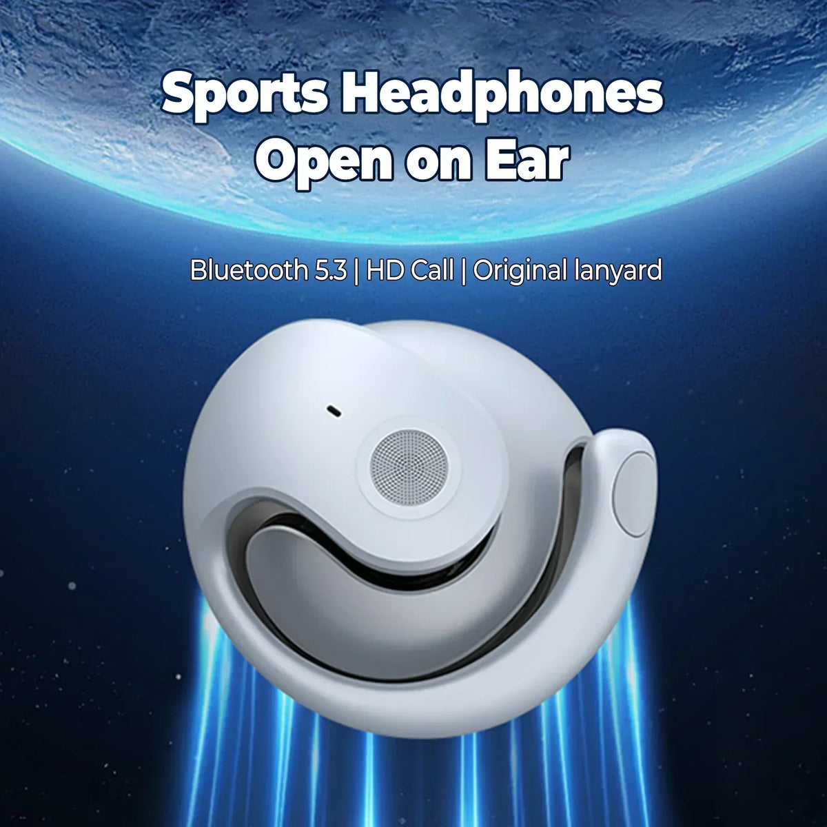 A white sports headphone open-ear style device is shown against a dark blue, starry background with blue light beams.