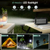 A black LED flashlight is shown with four modes: Flashlight, Dim Light, SOS, and Strobe, displayed on a wooden surface.