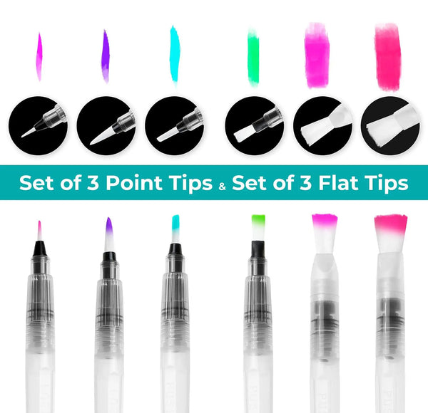 Ein Set aus 3 spitzen und 3 flachen Aquarellpinselstiften in verschiedenen Farben