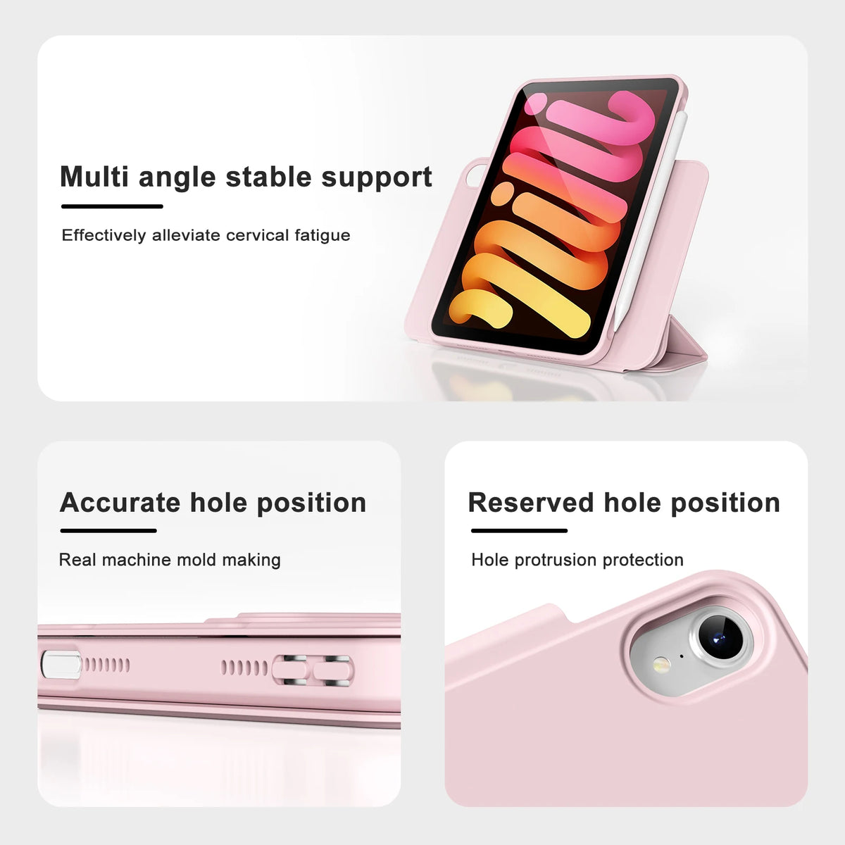 Pink magnetic rotating protective case for an Apple iPad showing multi angle stable support and accurate hole position.