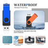 A blue and black waterproof USB flash drive with an orange metal connector shown in water and various protection features.