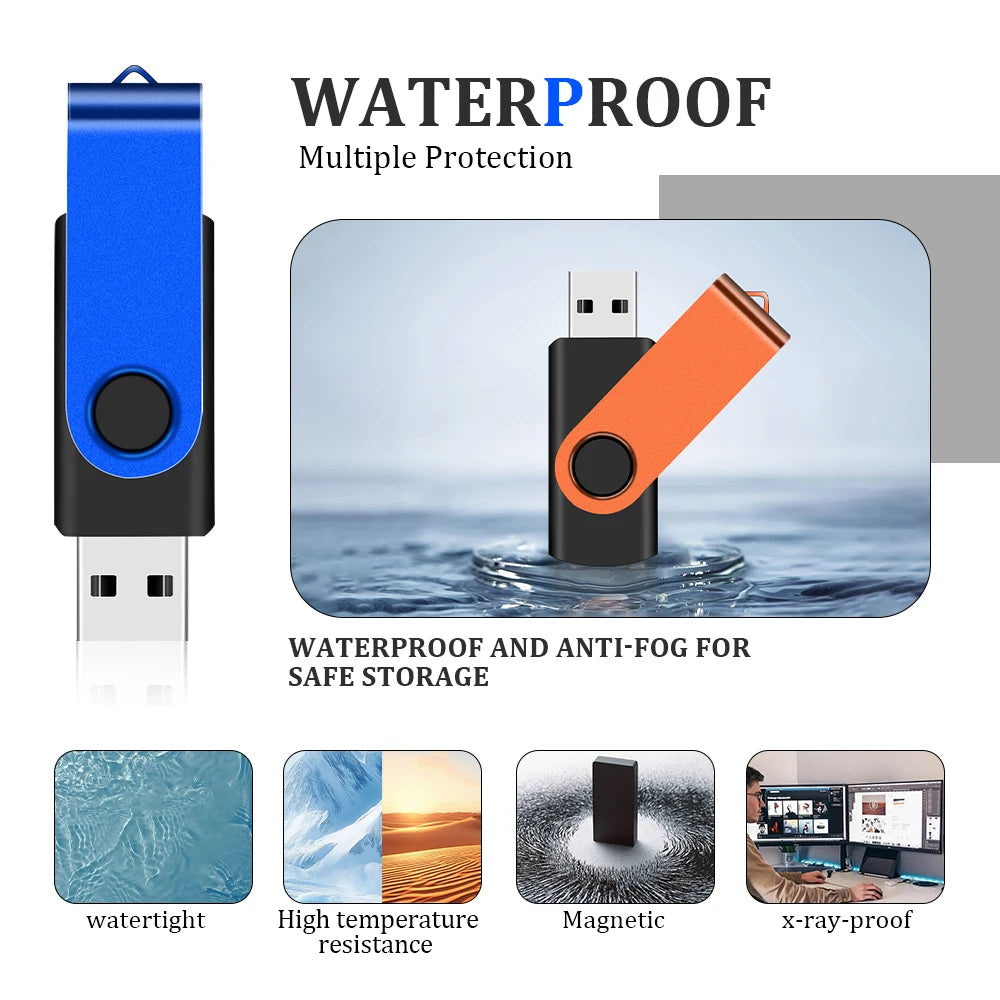 A blue and black waterproof USB flash drive with an orange metal connector shown in water and various protection features.