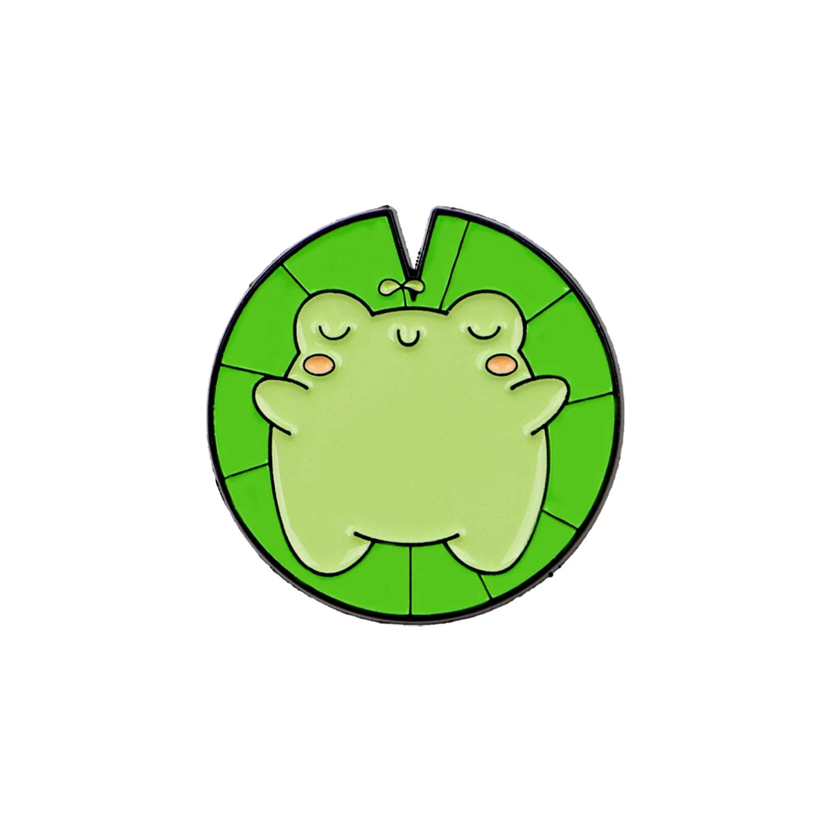 A green enamel pin shaped like a smiling frog