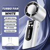 A white handheld turbo fan with a digital display and foldable design is shown against a purple background.