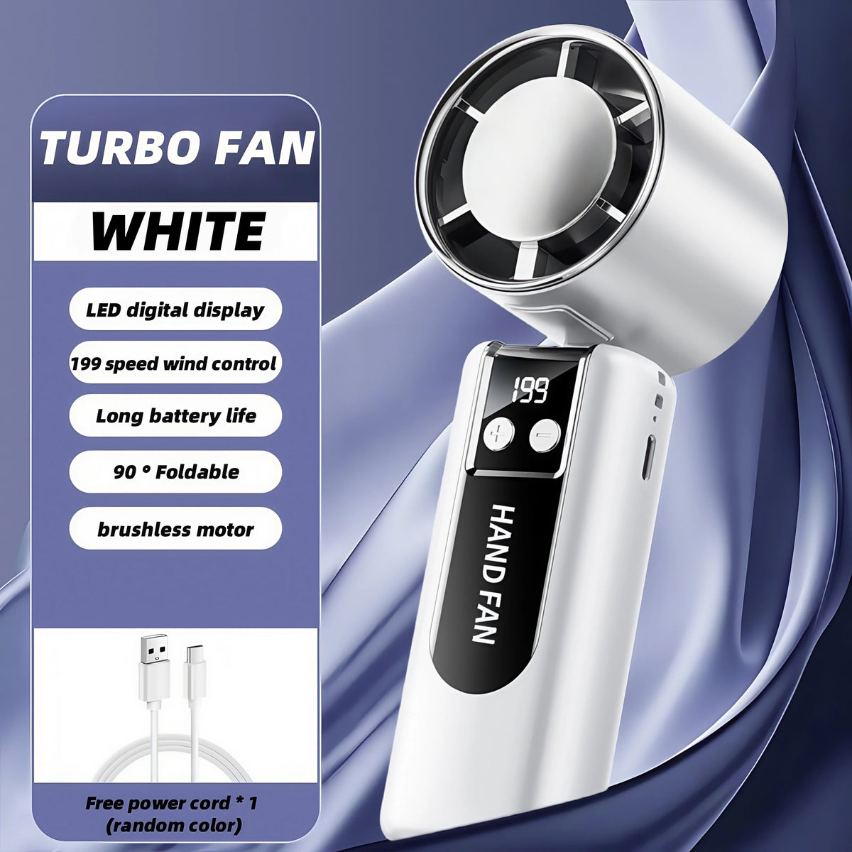 A white handheld turbo fan with a digital display and foldable design is shown against a purple background.