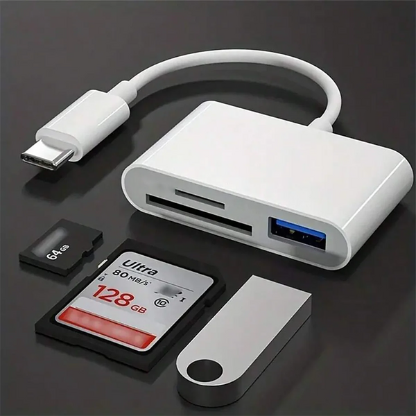 A white 3-in-1 Type-C card reader featuring a connector, a memory card, and a small adapter, with a white cable nearby.