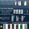 Set von Telefonklingeln und Aufklebern für iPhone- und Android-Telefone, zeigt Kompatibilität mit verschiedenen Hüllen.