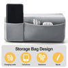 A gray storage bag design featuring slots for a charging cable, cell phone, earphone, and stylus.