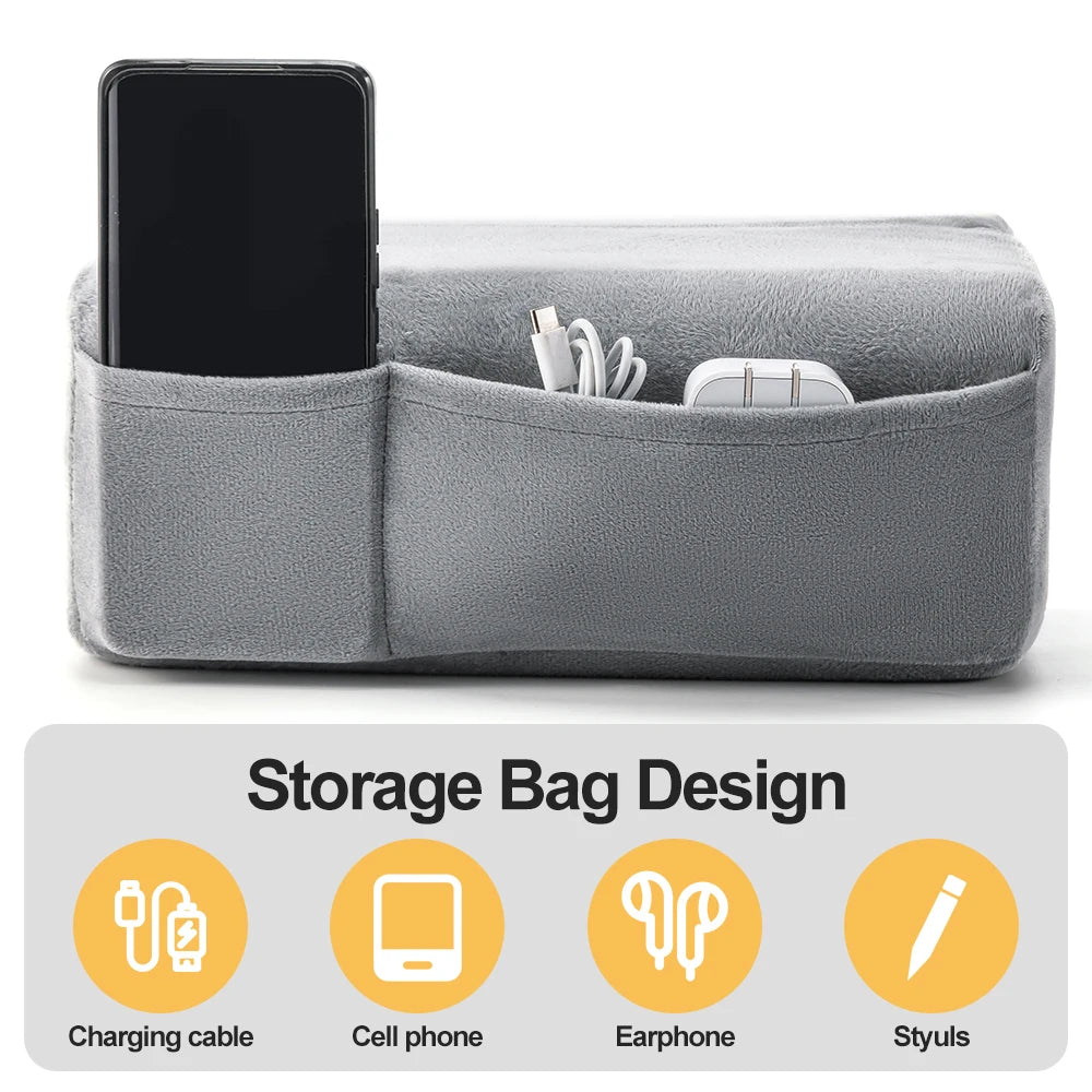 A gray storage bag design featuring slots for a charging cable, cell phone, earphone, and stylus.