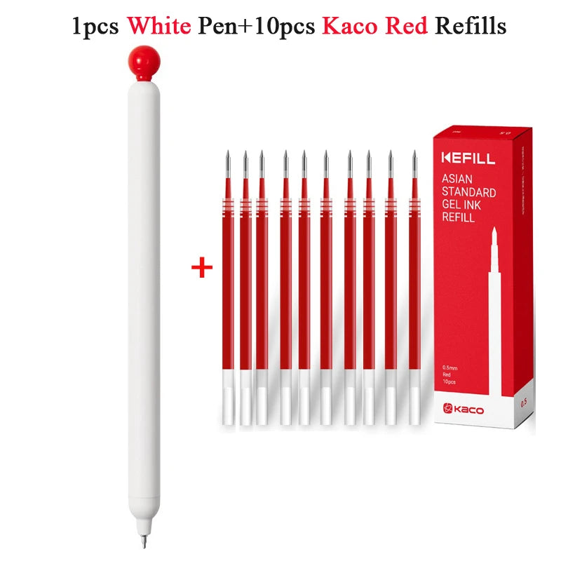 A set of 1 white pen and 10 red Kaco ink refills for gel pens.