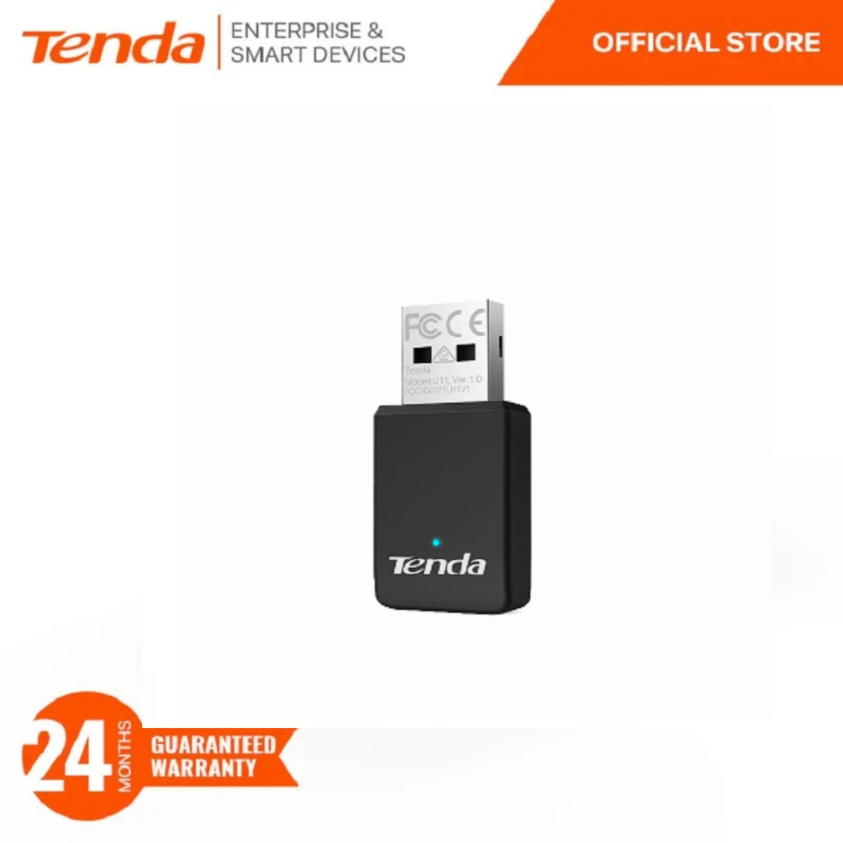 A black Tenda Compact Dual-Band Wi-Fi 6 USB Adapter with FCC certification markings.