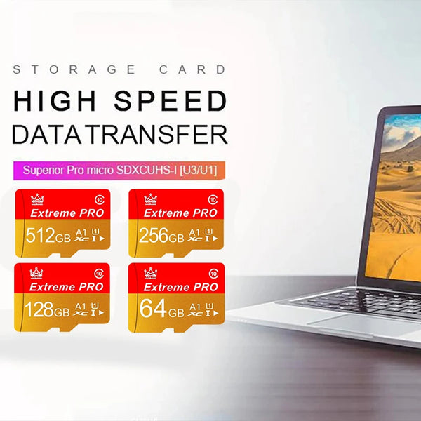 Exhibición de tarjetas de almacenamiento, incluyendo versiones de 512GB, 256GB y 128GB de la memoria micro SD/TF Superior Pro