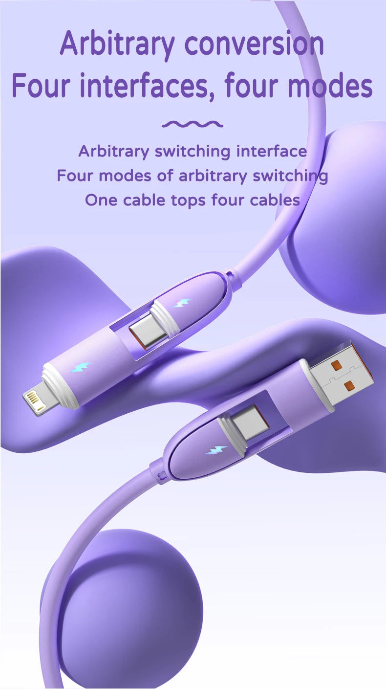 A purple charging cable with four interfaces and four modes shown against a light purple background.