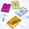 Five different colored aluminum card holders displaying RFID protection features
