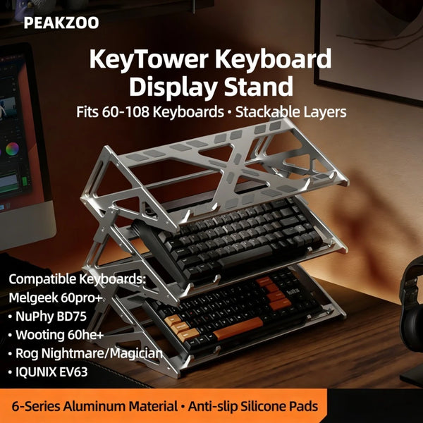A display stand for mechanical keyboards made of aluminum material with silicone pads, showing various compatible keyboards.