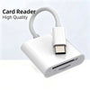 A white card reader device with a flexible loop and a connector, shown on a white surface.