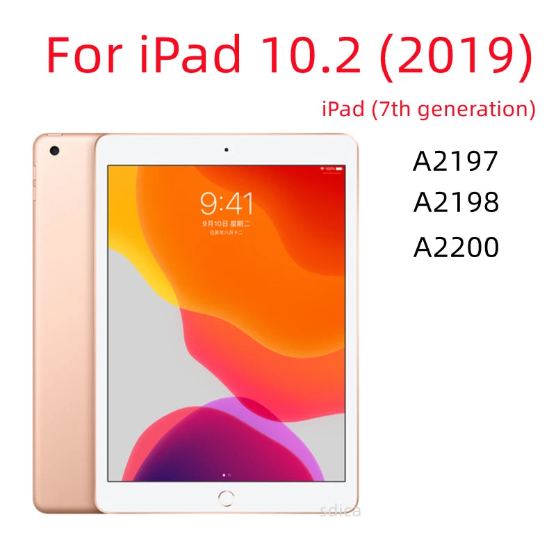 A pink iPad 10.2 (2019) tablet displaying a screen with an orange and purple gradient background.