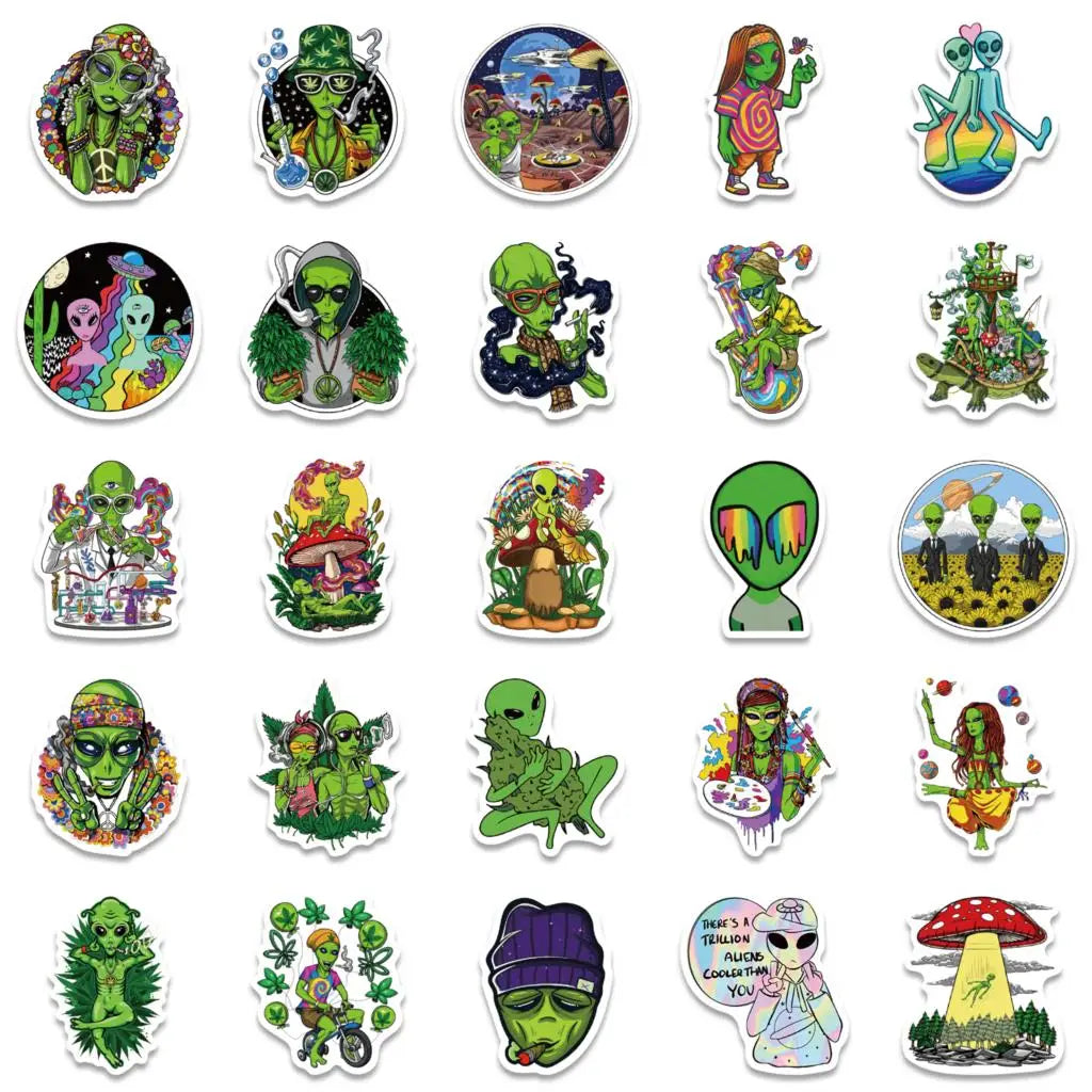 A collection of 20 psychedelic alien and leaf stickers featuring various vibrant colors and designs.