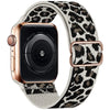 A close-up of an Apple Watch with a leopard print nylon band and a rose gold case.