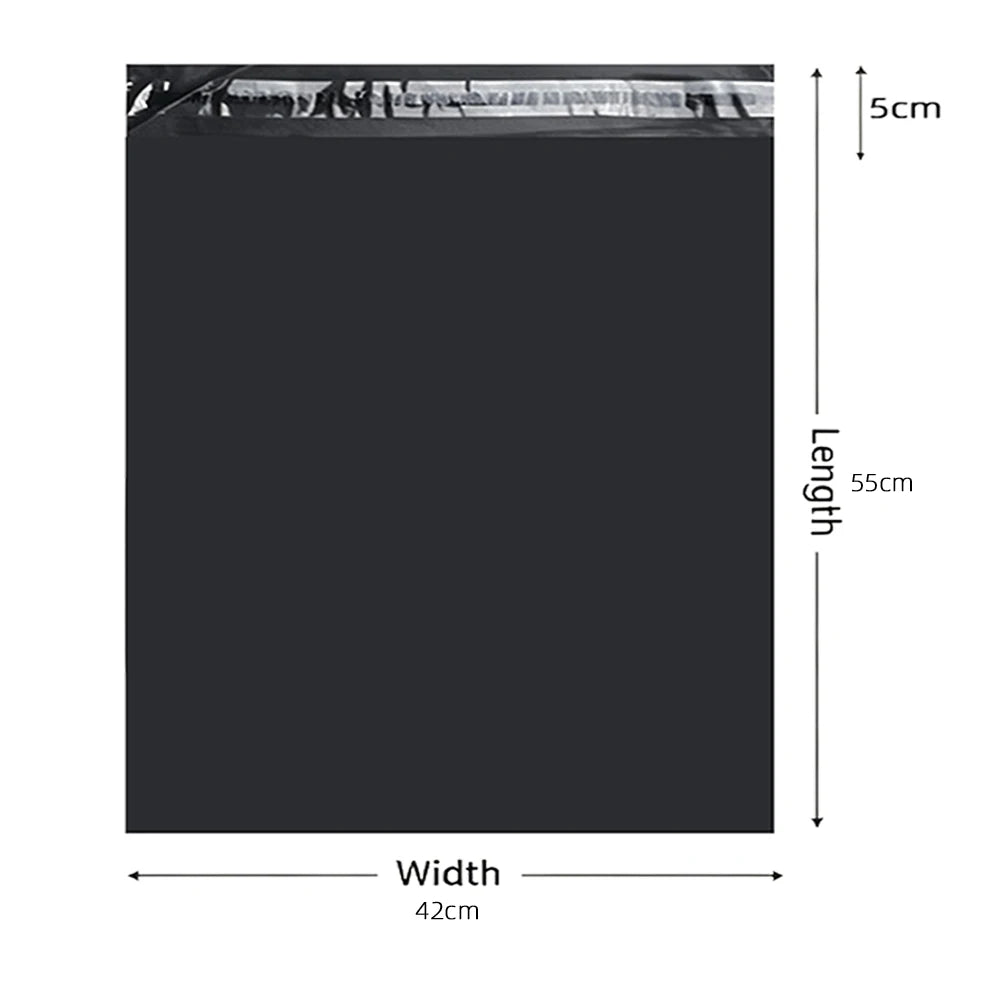 A rectangular black poly mailer bag with a visible seal at the top, measuring 5cm in height and 42cm in width.