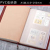 Un cuaderno marrón con un bolsillo de plástico transparente mostrando varias tarjetas y objetos pequeños dentro