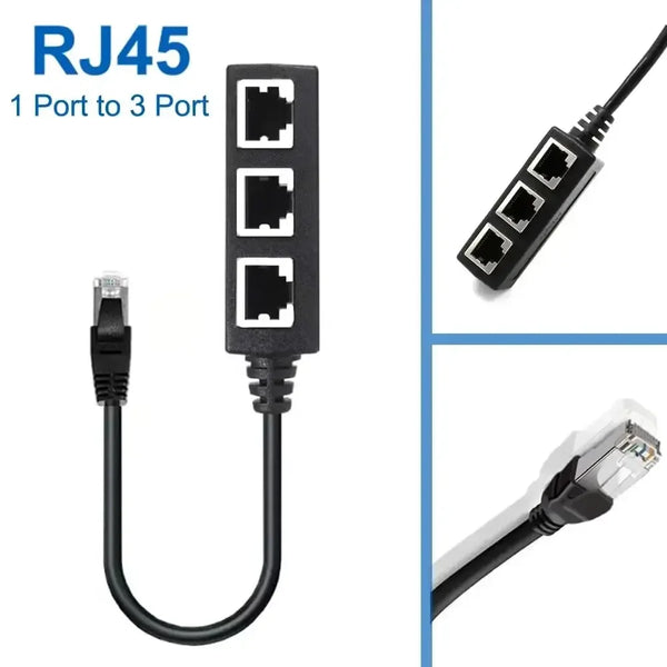 RJ45 multi-port Ethernet splitter adapter with a black cable and three ports